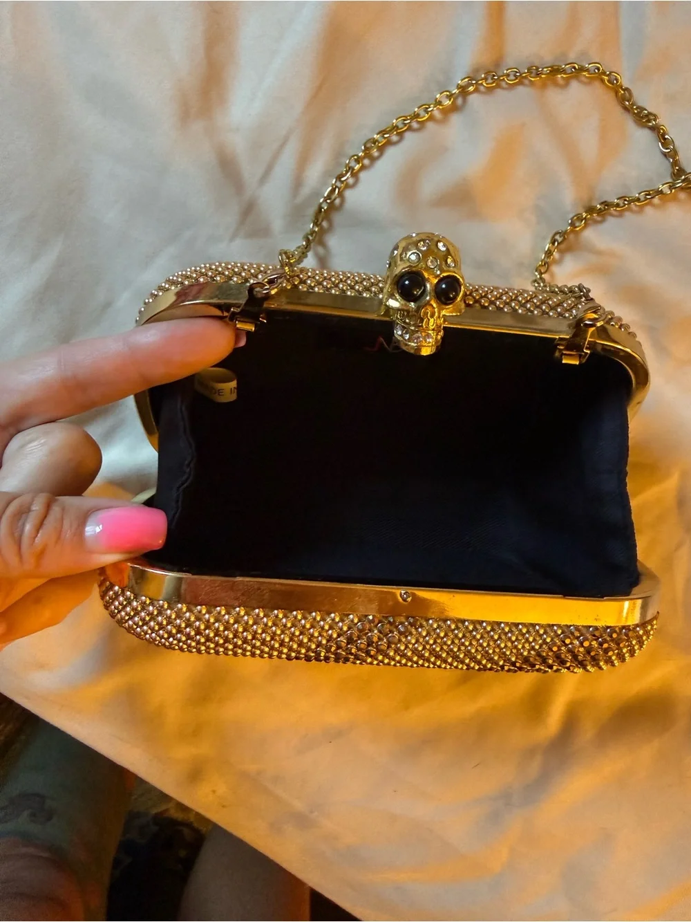 Gold Crystal Skull Evening Clutch with Chain Strap